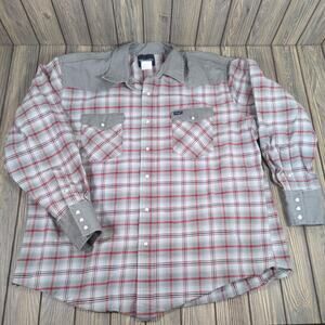 Wrangler Men Western Gray Red Plaid Pearl Snap Firm Canvas Cowboy Shirt‎ 2XL